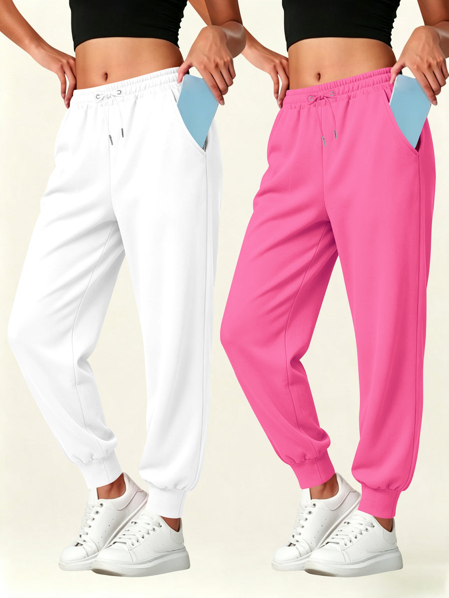 2pcs Set Autumn-Winter Women's Casual Pants with Pockets - White+pink