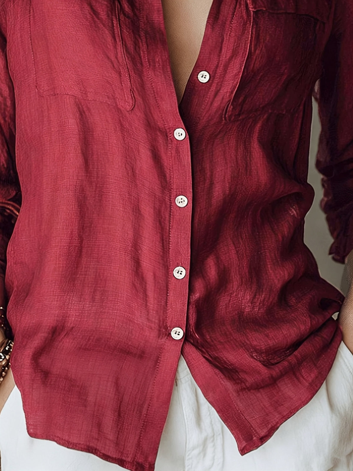 Women's Elegant Casual Solid Color Long Sleeve Shirt, Breathable Soft Fabric, Spring Summer Autumn 2026 New Top - Deep Red