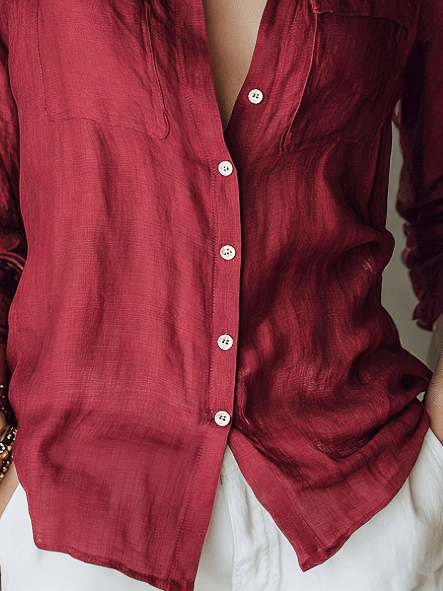 Women's Elegant Casual Solid Color Long Sleeve Shirt, Breathable Soft Fabric, Spring Summer Autumn 2026 New Top - Deep Red