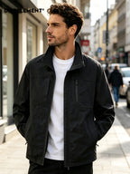 DIFFELEMENT Men'S Stand-Collar Tech Cargo Jacket, Lightweight Breathable Woven Fabric Windproof High Collar Full Zipper Front with Large Pockets And Dual Storage Design, Regular Fit for City Commute, Outdoor Hiking, Daily Layering, Casual Scenarios - Black