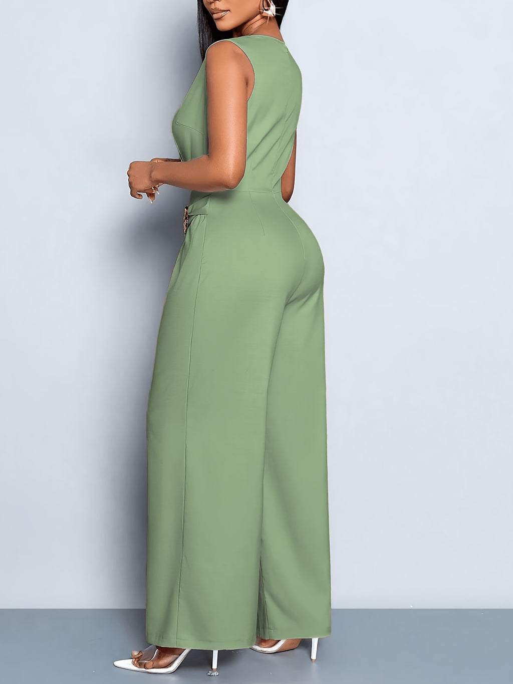 Women's Casual and Elegant Sleeveless Jumpsuit, Business Casual Wear, Simple Style Office Attire for Women - Light Green