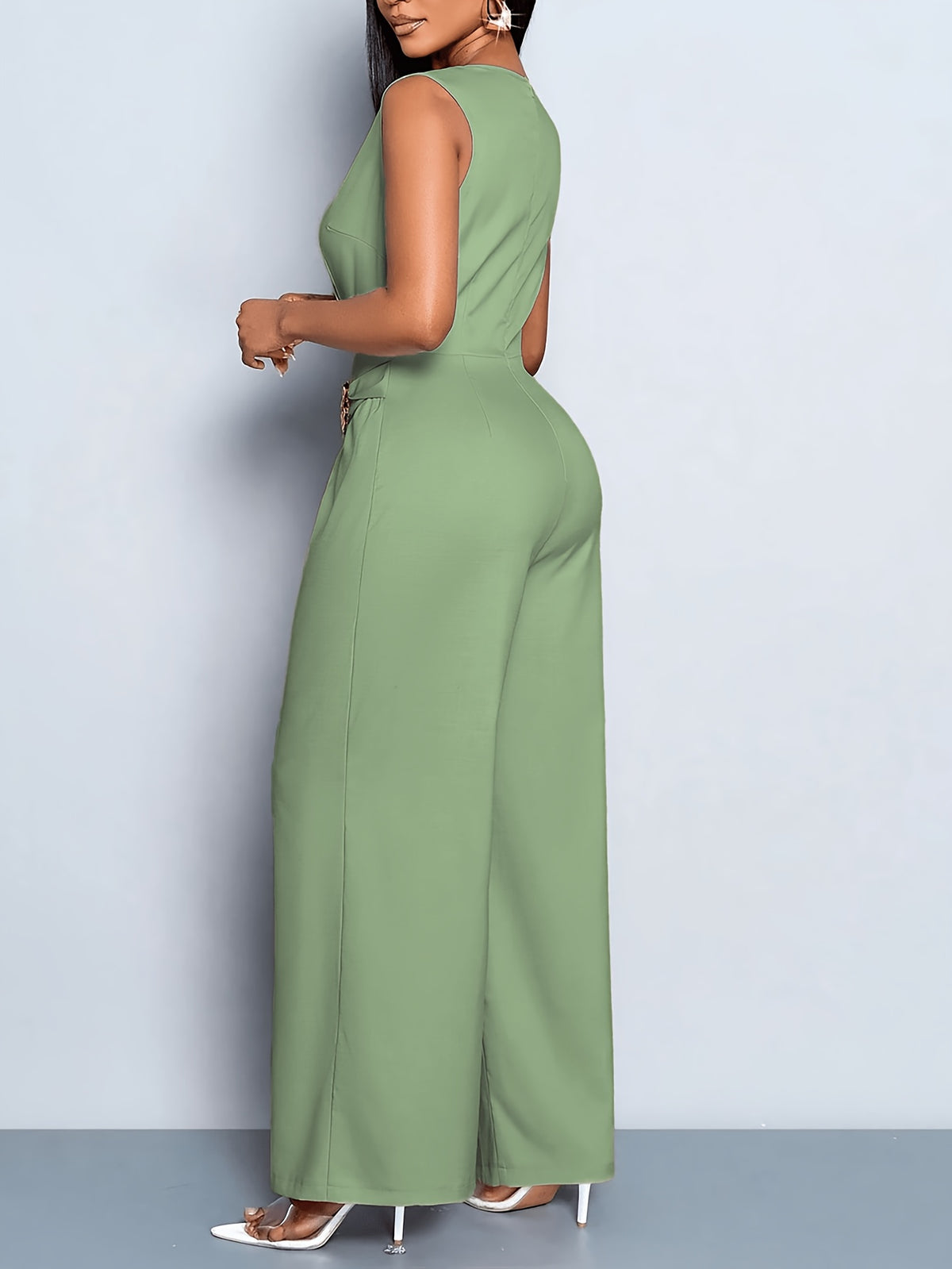 Women's Casual and Elegant Sleeveless Jumpsuit, Business Casual Wear, Simple Style Office Attire for Women - Light Green