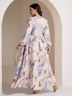 Plus Size, 2025 New Four Seasons Elegant Crinkle Floral Print Loose Fit Plus Size Dress - Multicolor