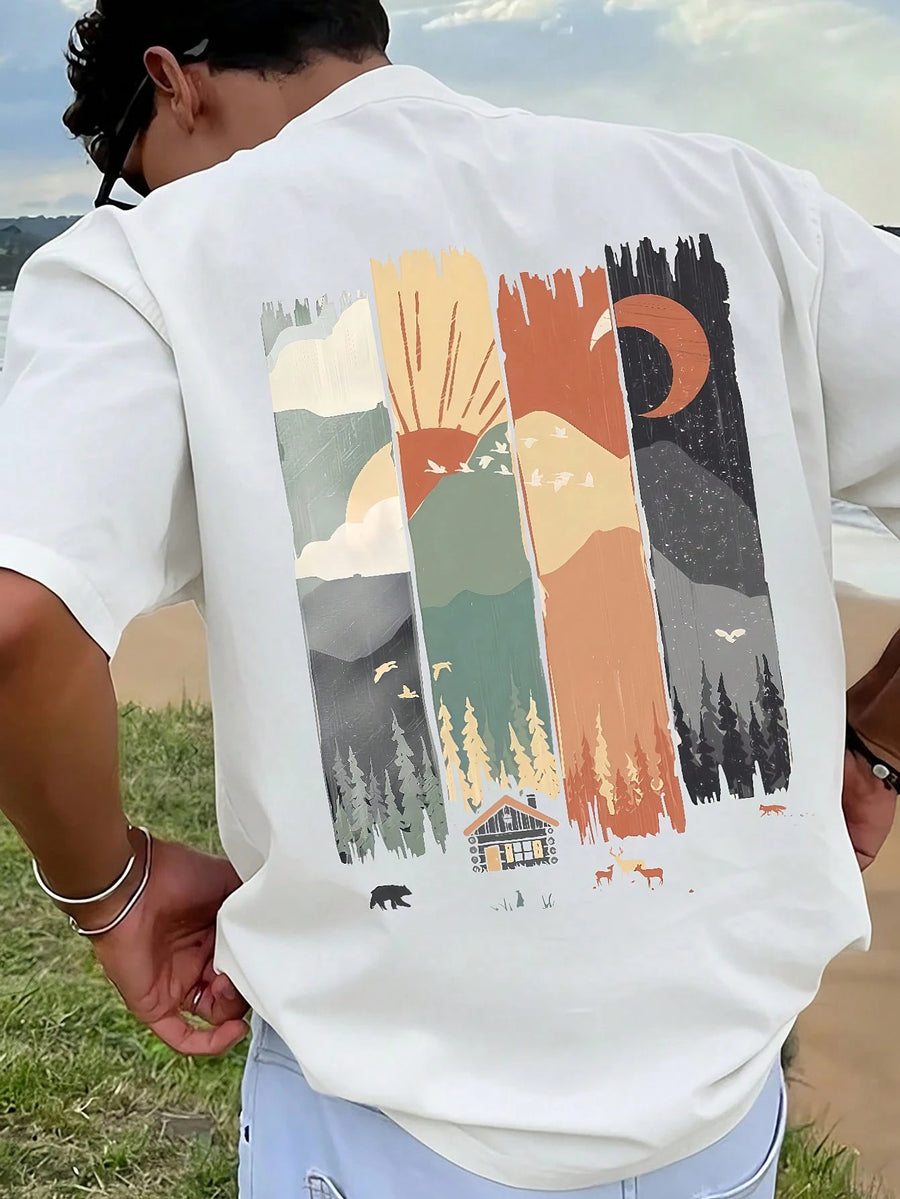 Men'S Single Pc Print Round Neck Short Sleeve T-Shirt, Easy Fashion Loose Comfortable Cool for Outings, Outdoor Sports, Commuting 2KT01 - White