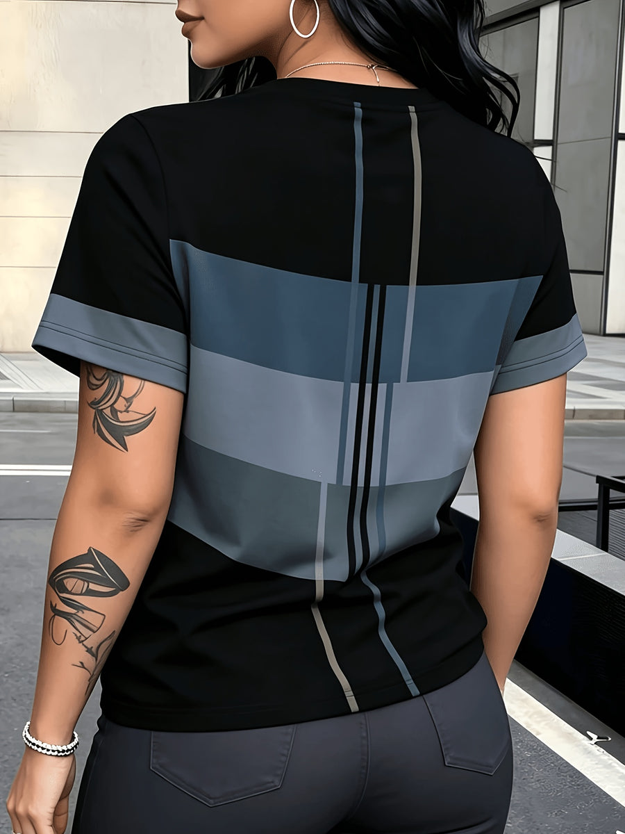 Women'S Summer Fashion Round Neck T-Shirt with Textured Geometric Short Sleeves, Color Block, Line Pattern, Vintage Style Casual Top - Color Mixing 1