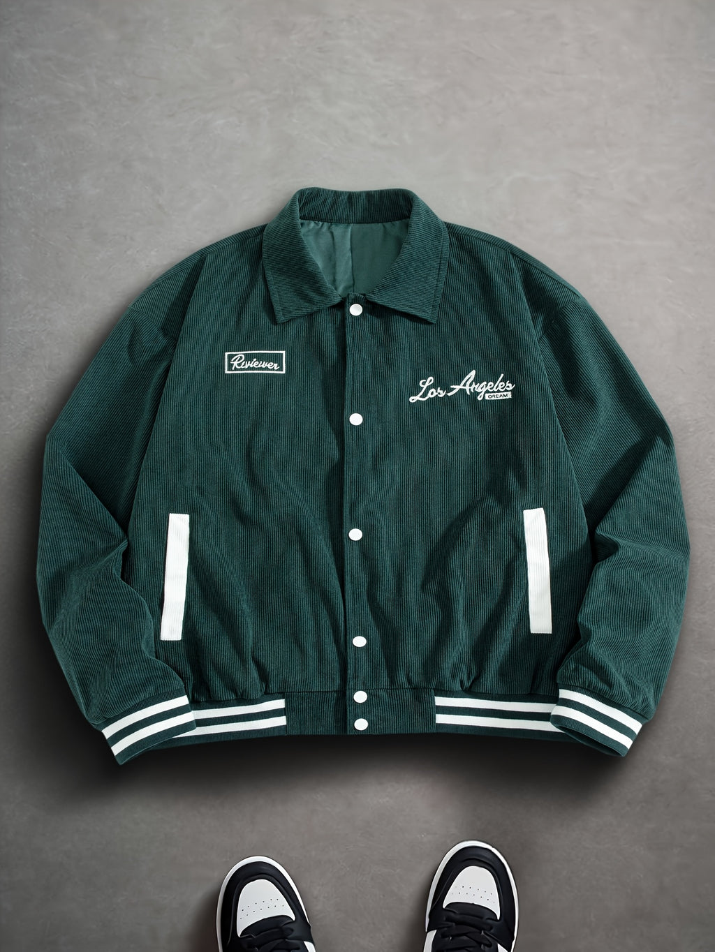 Men'S Fashion Classic Individual Solid Corduroy Contrast Color Ribbed Patchwork Front Panel English Letter Embroidery Craft Lapel Design Suitable for Daily Casual Fashion Easy Commute Outdoor Play Street Trend Autumn Winter New Long Sleeve Shirt - Dark Green