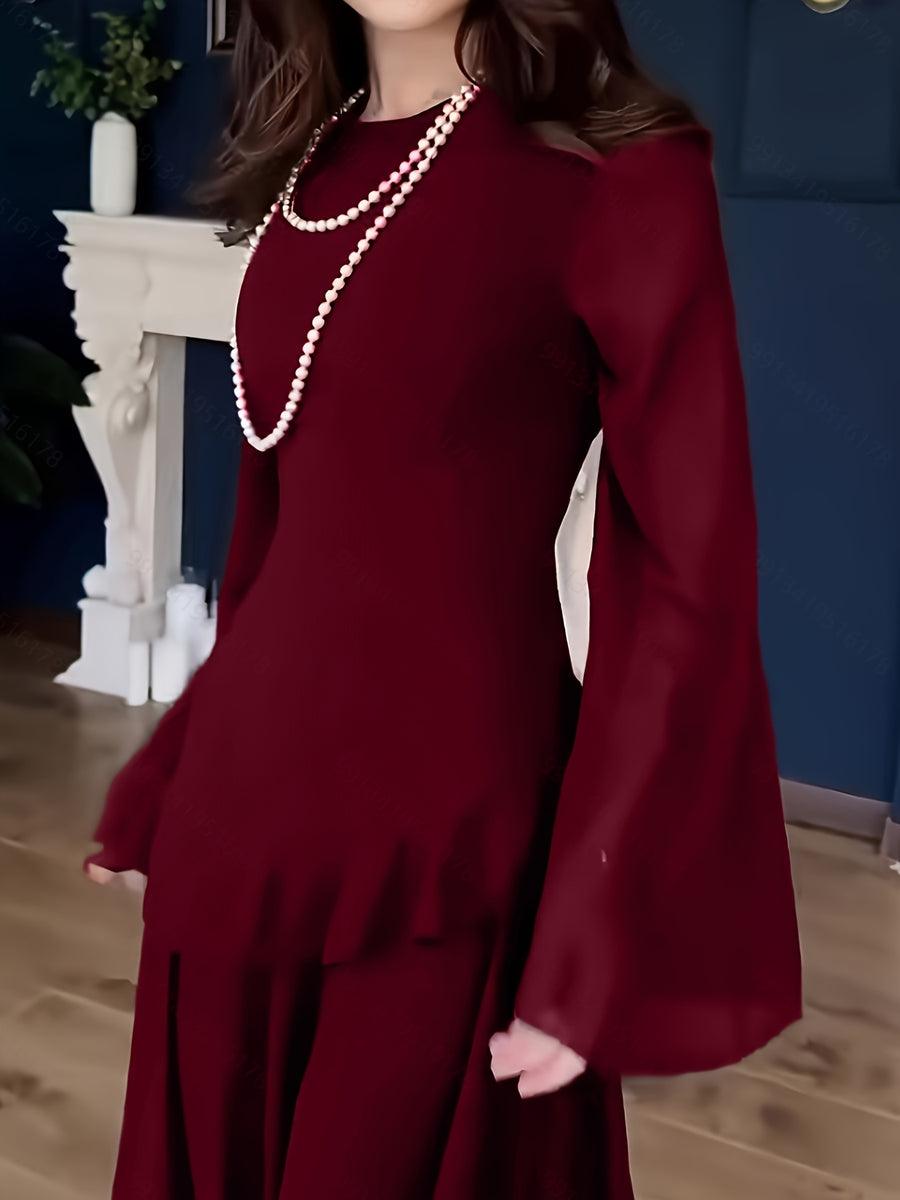 [Ramadan] Spring Summer Autumn New Soft Elegant Ruffled Temperament Trumpet Long Sleeve Dress [LL168] - Burgundy