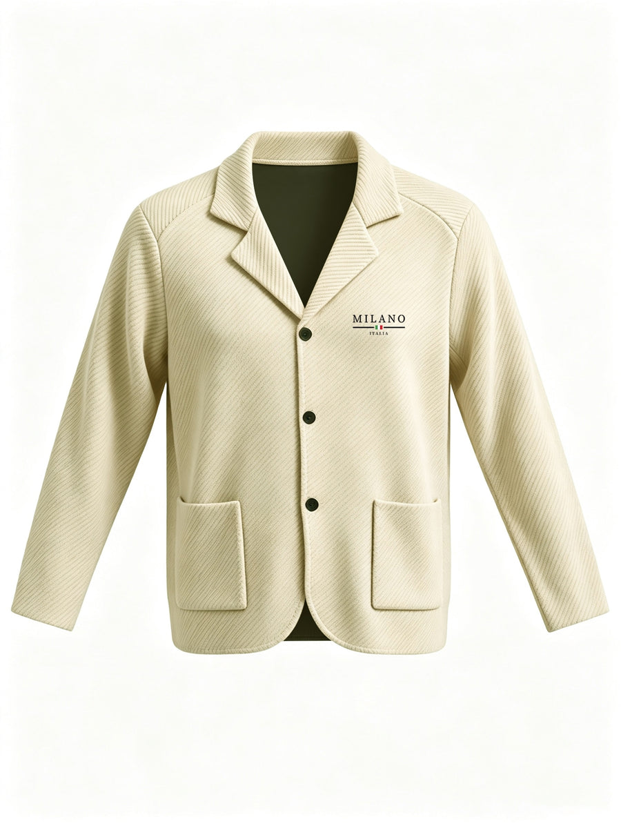 Men'S Spring Autumn New Print High-Grammage Pinstripe Texture Fabric Blazer Collar Cardigan Single Button Double Pocket Business Casual All-Match Long Sleeve Jacket, Knit Soft Comfortable Fashion Solid Color Outerwear Suitable for Daily Outings - Khaki