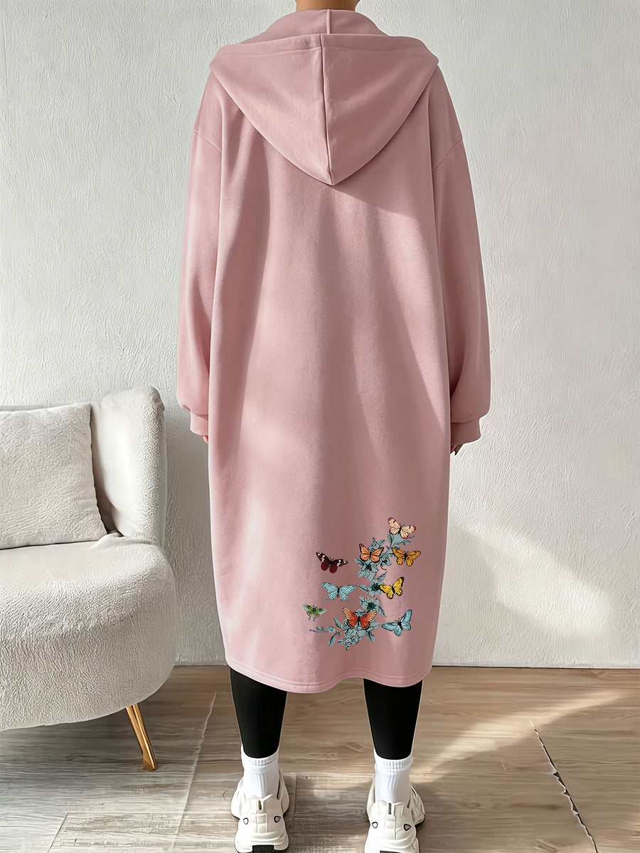 Women's Fashion Color-Block Zip-Up Jacket with Various Butterfly Pattern Prints - Peach