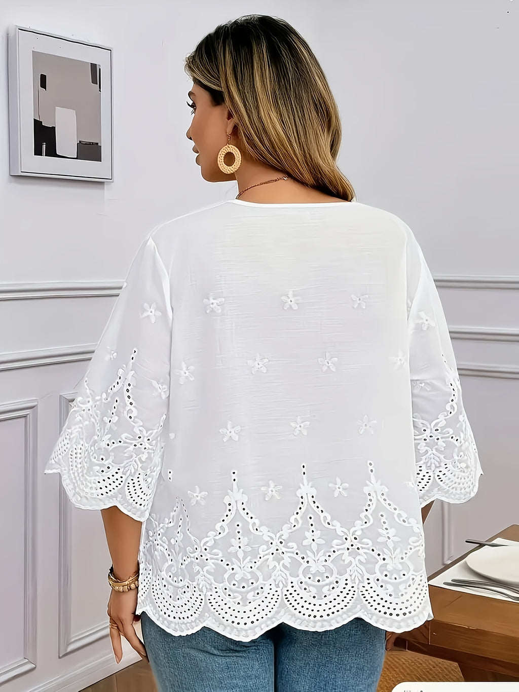 Elegant V-Neck Shirt with Floral Lace Texture | Formal And Casual Wear, Suitable for Spring/Summer/Fall - White