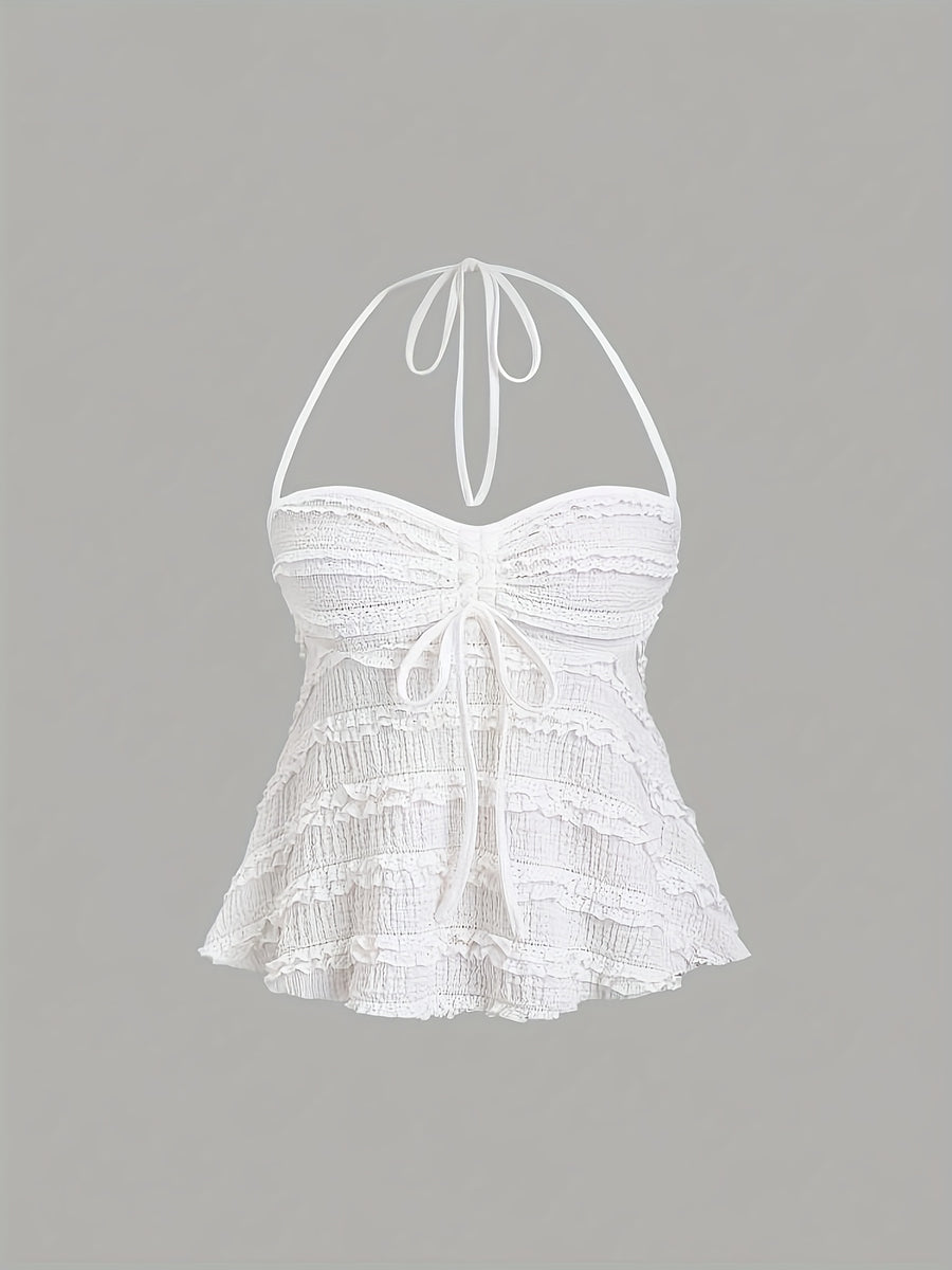 Niannian's Choice Solid Color Drawstring Halter Neck Backless Sexy Tank Top - White