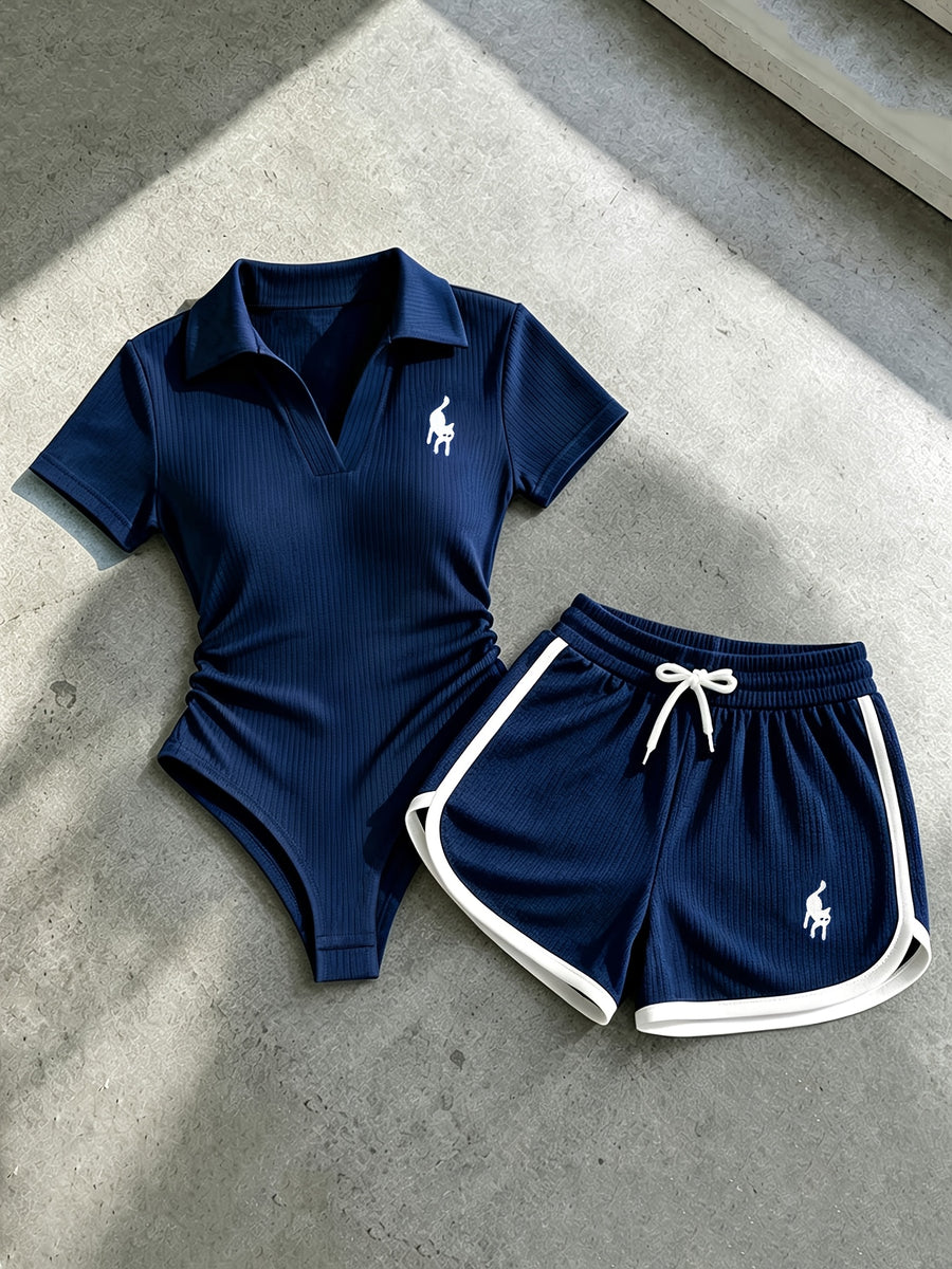 Casual and Elegant Women's Clothing, New Summer Outfit, Solid Color V-neck Short-sleeve Bodysuit & Drawstring Fitted Shorts with Embroidery and Contrasting Color Trim, 2pcs Women's Pants Set, Suitable for Home, Leisure, Outings, Afternoon Tea - Blue