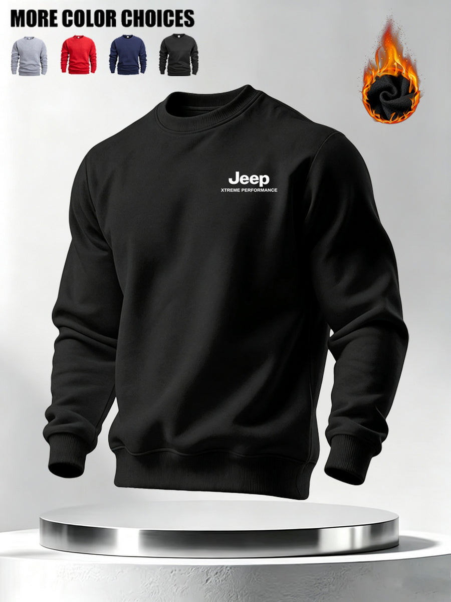 Autumn Winter Men'S Thickened Fleece Round Neck Sweatshirt JEEP Letter Print Loose Long Sleeve Pullover 4 Colors Available Soft Skin-Friendly Daily Commute Inner Outerwear All-Match Warm Casual Base Layer Top - Black A