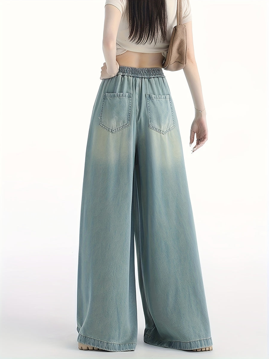 New Early Autumn Wide-Leg Jeans Thin Drape Wide-Leg Trousers Floor-Length Pants Fashionable All-Match Easy Semi-Elastic Waist Wide-Leg Trousers Spring Summer All-Season Style - Dark Blue 1