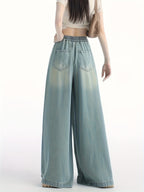 New Early Autumn Wide-Leg Jeans Thin Drape Wide-Leg Trousers Floor-Length Pants Fashionable All-Match Easy Semi-Elastic Waist Wide-Leg Trousers Spring Summer All-Season Style - Dark Blue 1