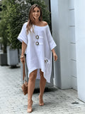 Plus Size - Women'S Dress, Plus Size Dress, Nomadic Style, One-Shoulder Dress, Coconut Button, Asymmetric Tie, High-Low Hem, Fringe Dress, Frayed Hem, -Like, Vacation Dress, Casual Dress, Boho Dress, Long Maxi Dress - 【Beige】