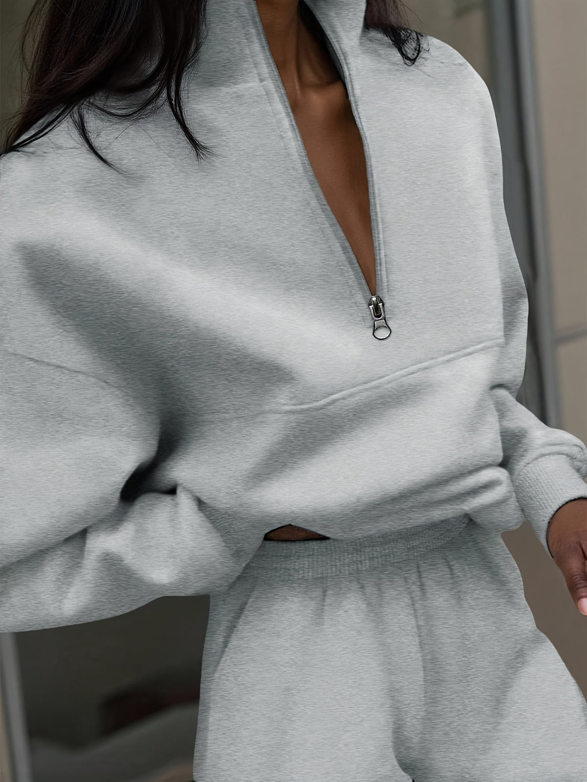 Fall Winter Fashion Women'S Casual Versatile Solid Round Neck Zip-Up Sweatshirt - Grey