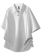 Men'S Summer Asymmetrical Cutout Lapel with Double-Button, Unisex Off-Shoulder Loose Curved Hem Drapey Short-Sleeve T-Shirt - White