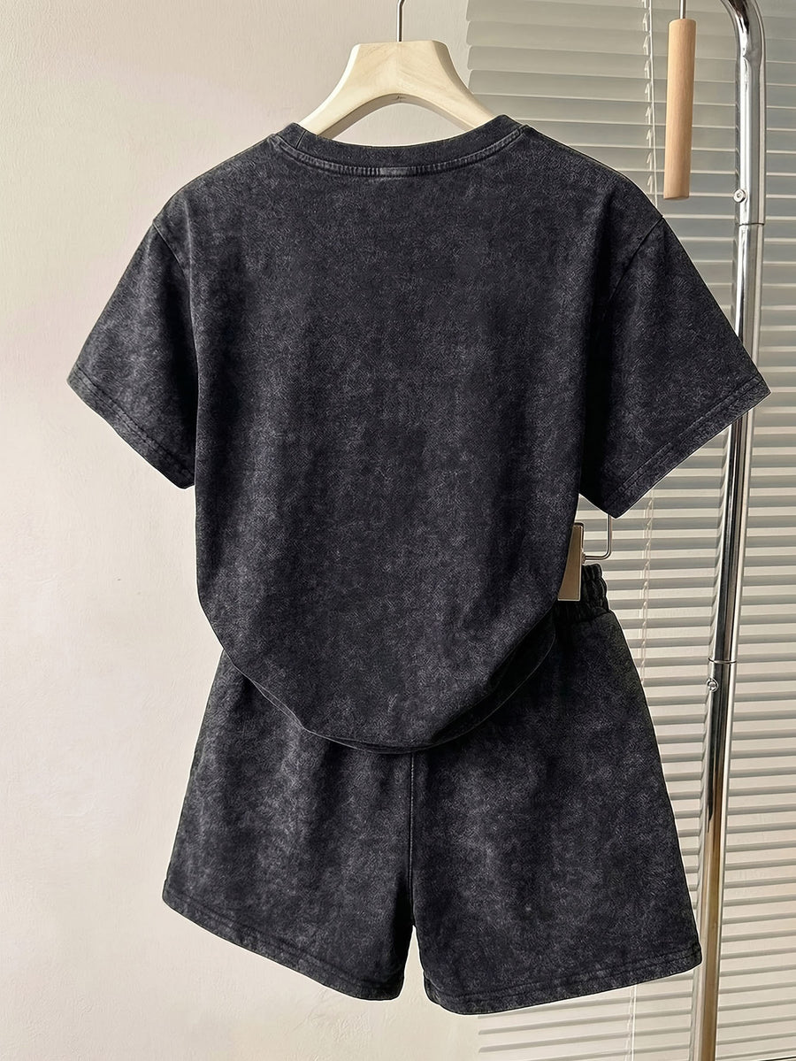 Summer Autumn Fashion Distressed Washed Short Sleeve Shorts with Drawstring Casual Women'S Set, Comfortable for Hot Weather, Classic Silhouette, Relaxed Fit, Casual Home And Outing Two-Piece Set - Black