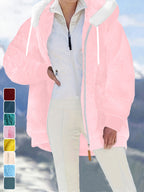 Ladies Autumn Winter Relaxed Cut Plush Hooded Outercoat, Contrast Color Trim Zip Front Warm Lined Jacket, Ribbed Cuff Windproof Casual Outerwear for Daily Commuting and Cold Season Everyday Styling - Pink Color