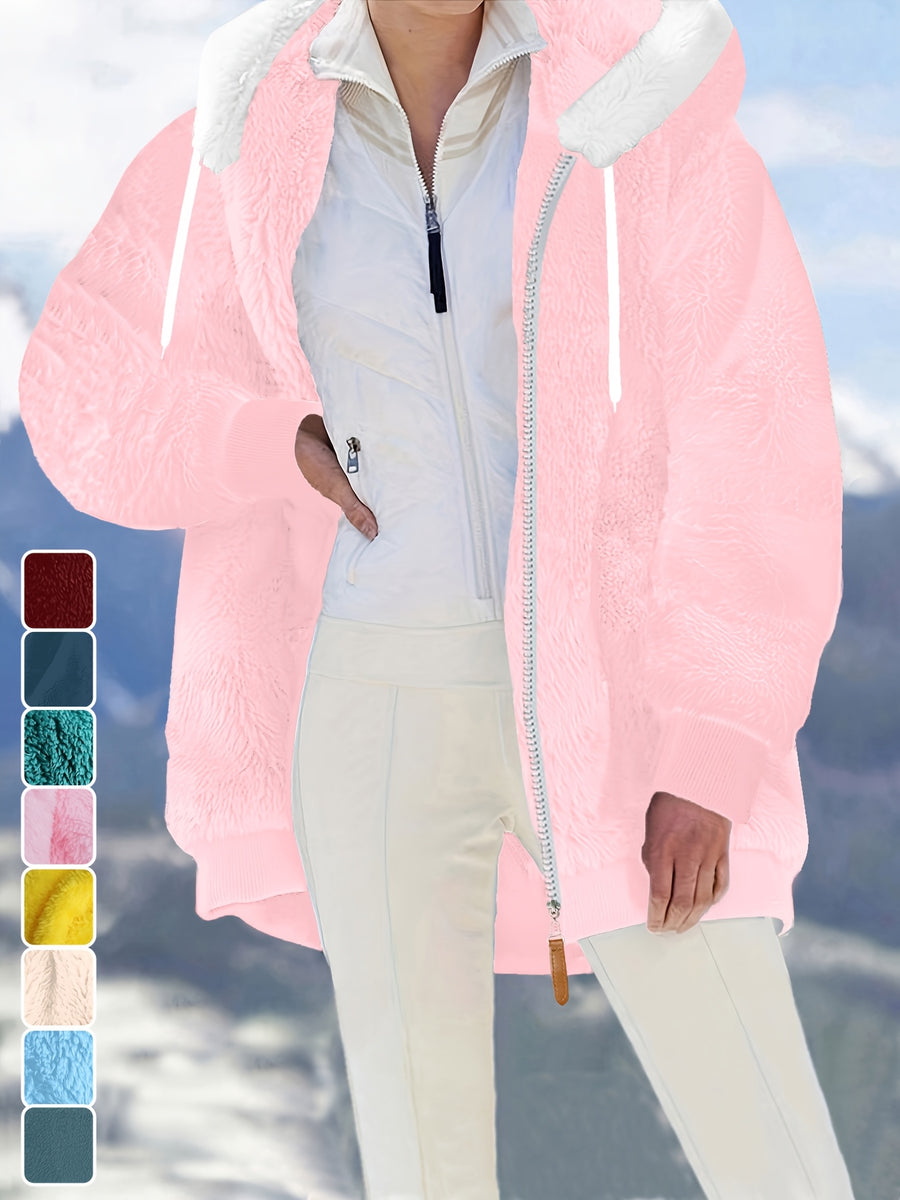 Ladies Autumn Winter Relaxed Cut Plush Hooded Outercoat, Contrast Color Trim Zip Front Warm Lined Jacket, Ribbed Cuff Windproof Casual Outerwear for Daily Commuting and Cold Season Everyday Styling - Pink Color