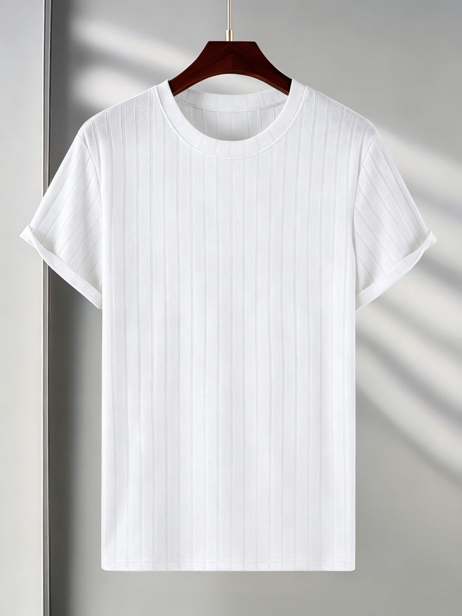 Josh Rose OBM Men's Short Sleeve T-Shirt, Summer Breathable Crew Neck Knitted Jacquard Casual Fashion Outerwear, Comfortable High-Quality Men's Top - White