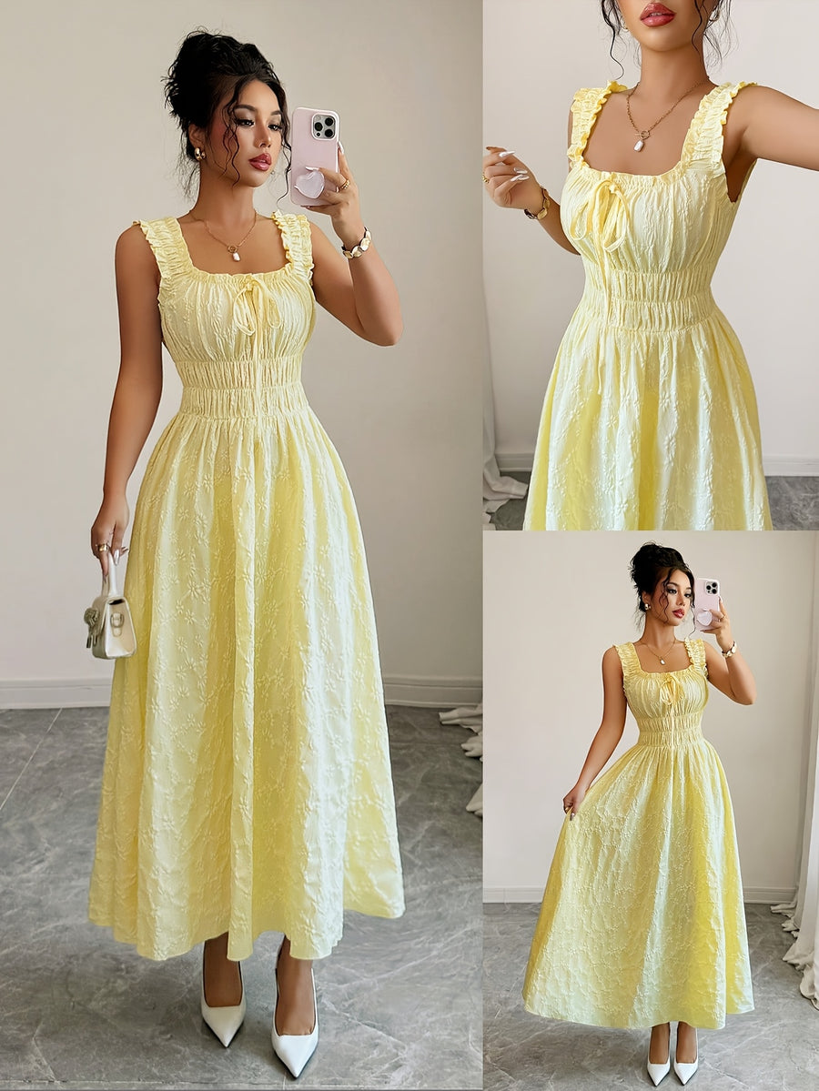 New Women's Textured Floral Fabric, Spaghetti Strap with Bow Waist Design - Elegant and Versatile Women's Dress - Elegant Party Wear, Date Night, 1pc, Buen Fin Shopping Festival, New Year's Daily Wear, Parties, Wedding Night, Stylish and Versatile - Yellow