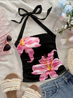 Women'S Fashion Casual Floral Black Fitted Short Tank Top with a Neck Tie, Perfect for Summer Vacations - Black