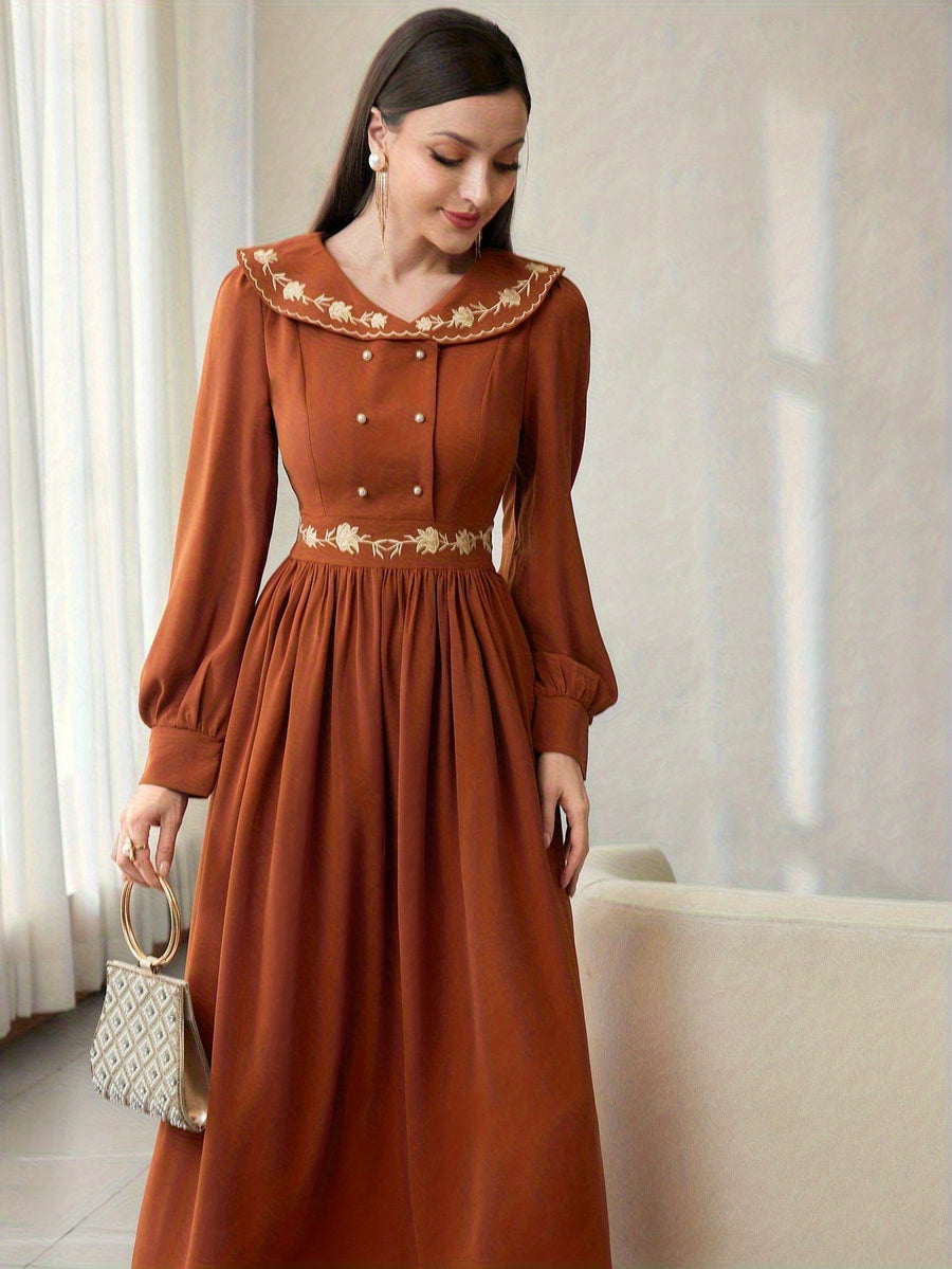 Vintage Lapel Heavy Craft Embroidered Long Sleeve Dress - Orange-Red