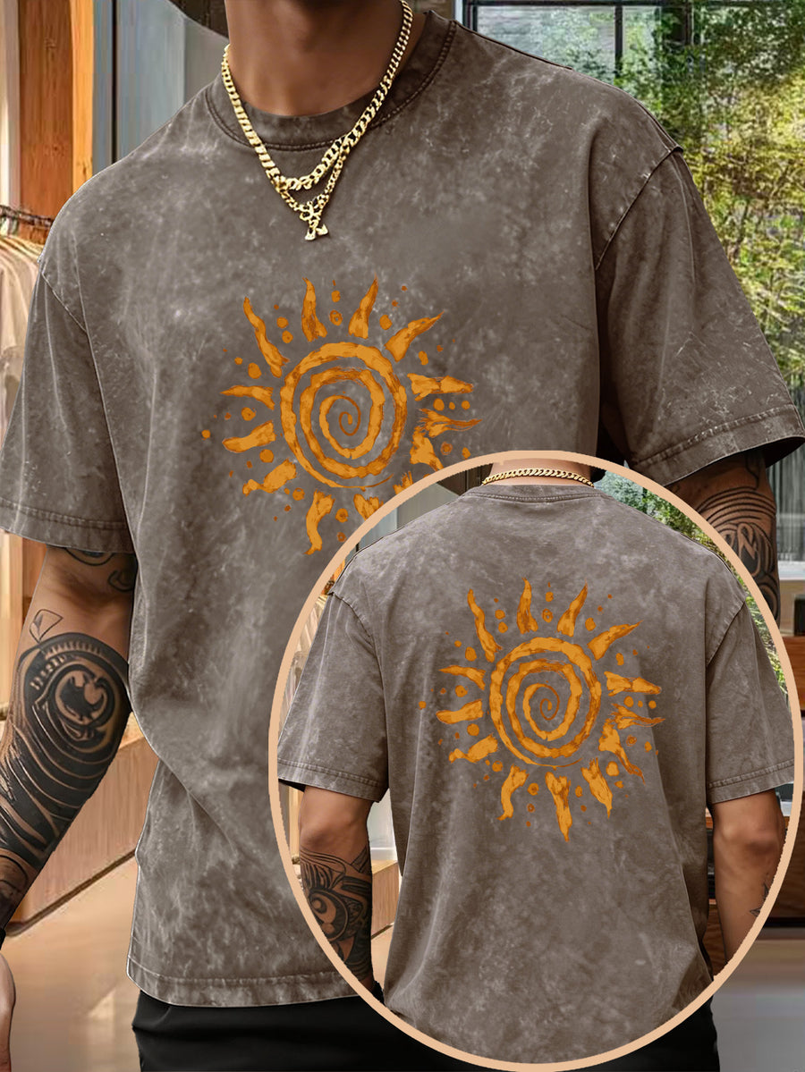 Men's Short-Sleeve T-Shirt, Pure Loose Fit Top, Trendy Reversible Double-Sided Swirl Sun Print, 12 Colors for Mix & Match, Washed Distressed American Street Style, Versatile for Daily Outings, Streetwear, Sports, Fitness, and Commuting - Brown