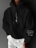 Men's Autumn/Winter Letter Print Pattern -Lined Hooded Sweatshirt, Versatile Sporty Casual Loose Fit Hoodie - Black