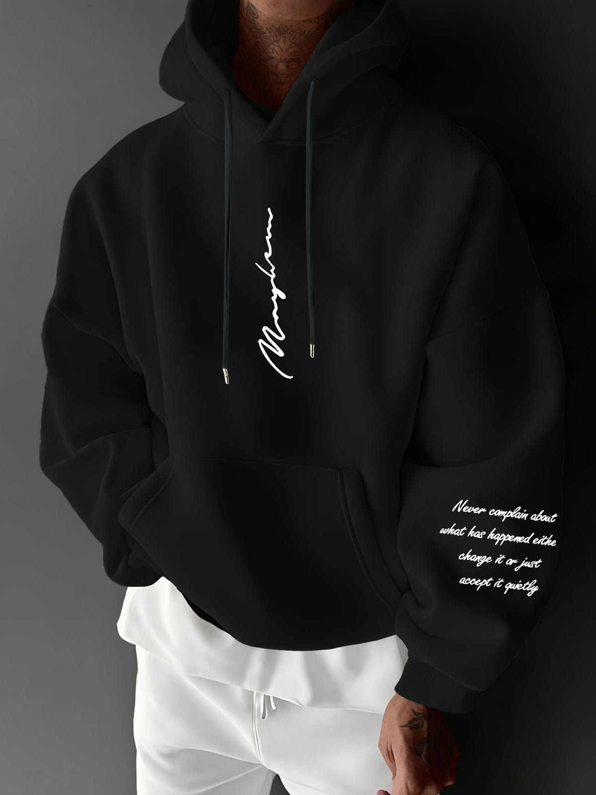 Men's Autumn/Winter Letter Print Pattern -Lined Hooded Sweatshirt, Versatile Sporty Casual Loose Fit Hoodie - Black