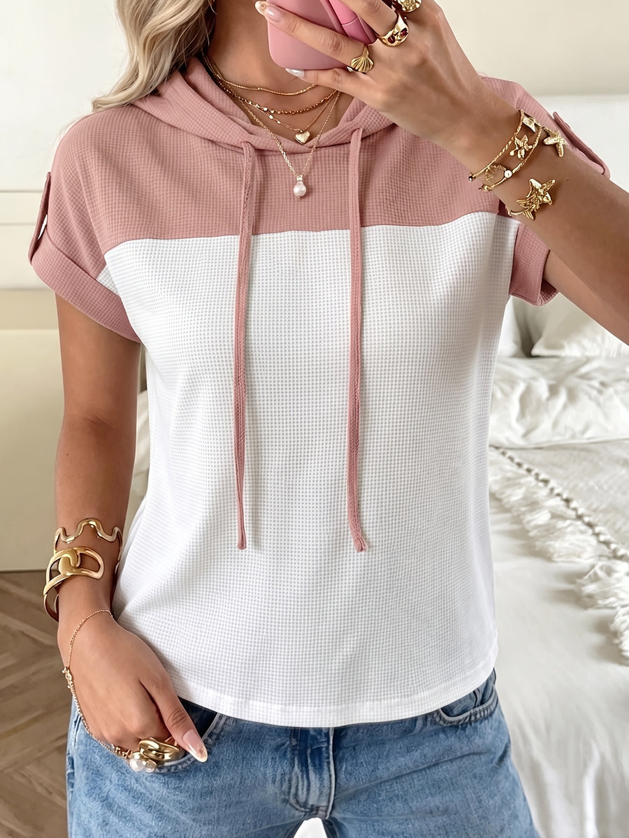 2026 New Women's Hoodie with Waffle Fabric Patchwork, Short Sleeves, Decorative Buttons, and Hood - White Pink