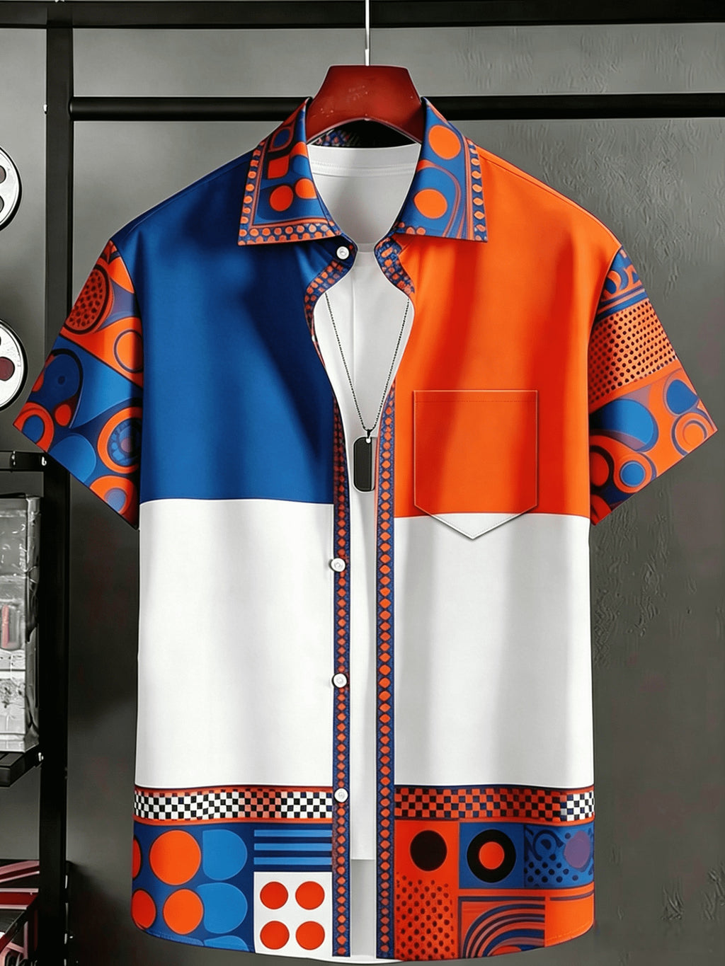 Men's Short-Sleeve Shirt with Stylish Blue and Orange Geometric Print, Color-Blocked Patchwork Casual Shirt, Breathable Summer Top - Mixed colors