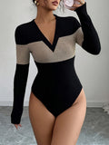 Women'S V-Neck Fashion Contrast Long Sleeve Jumpsuit - Mixed colors