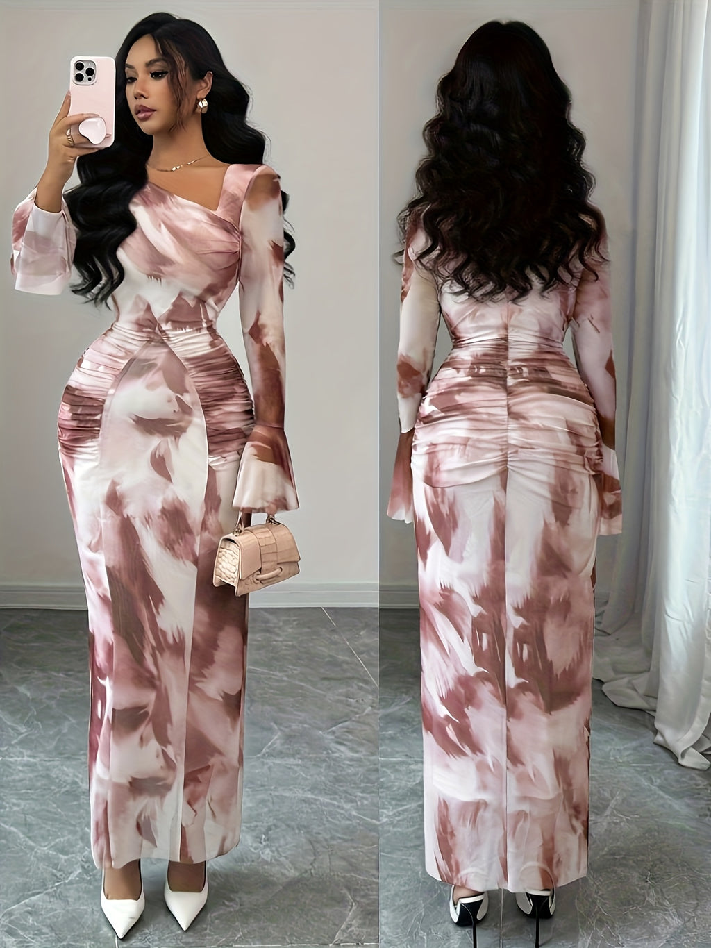 Spring And Summer Women'S French Retro Tie-Dye Print Mesh Pleated Slim Fit Flared Sleeve Tight Mini Dress - Mixed colors