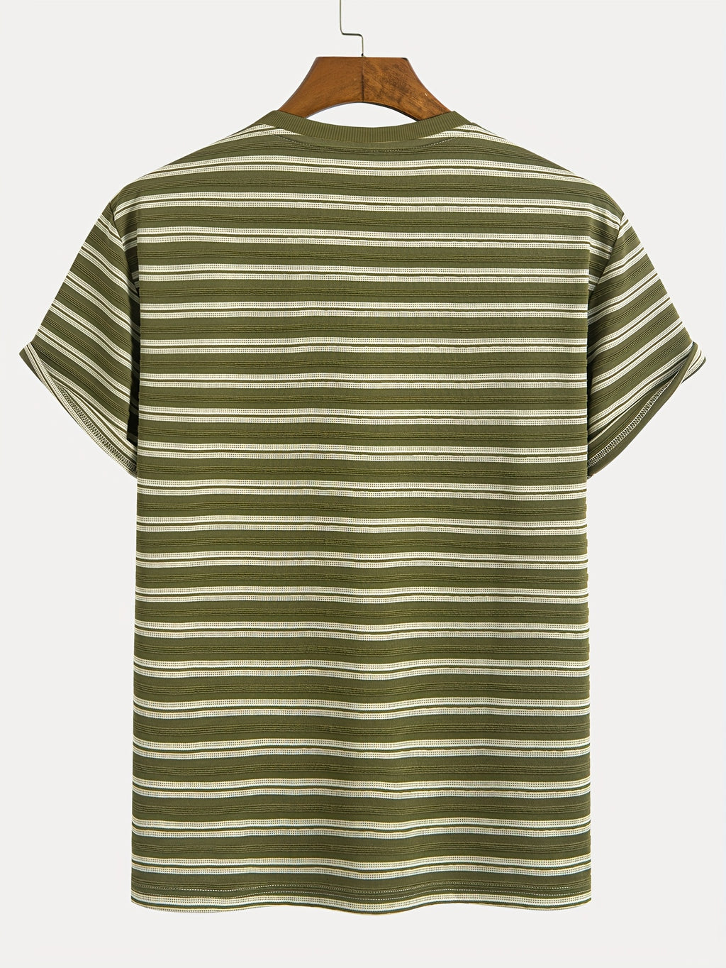 1pc Men's Summer Knit Striped T-Shirt - Soft Breathable Fabric, Classic Round Neck Short Sleeve, Regular Fit for Casual & Outdoor Wear, Multi-Color Striped Design, Daily Outfit, Lightweight Shirt, Basic Tee, Casual Attire - Olive Green