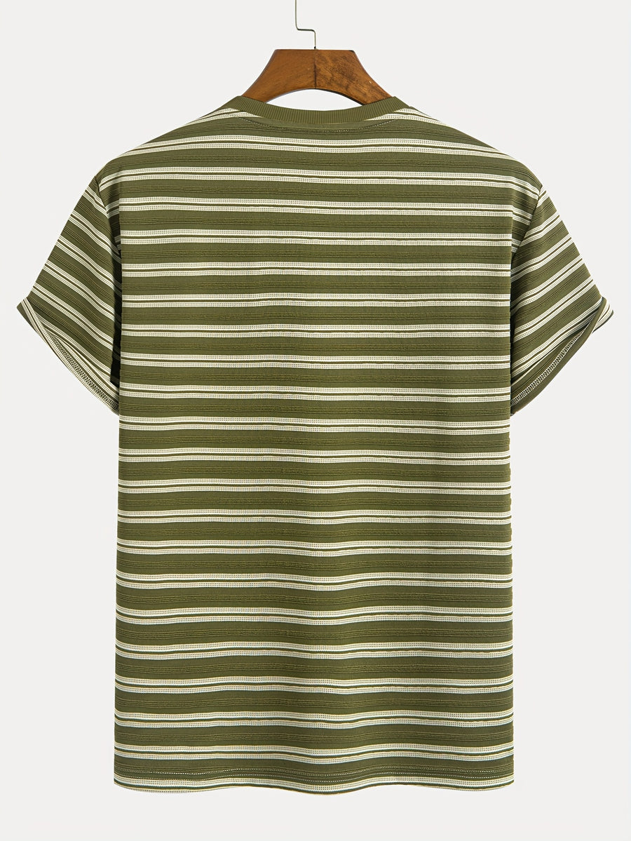 1pc Men's Summer Knit Striped T-Shirt - Soft Breathable Fabric, Classic Round Neck Short Sleeve, Regular Fit for Casual & Outdoor Wear, Multi-Color Striped Design, Daily Outfit, Lightweight Shirt, Basic Tee, Casual Attire - Olive Green