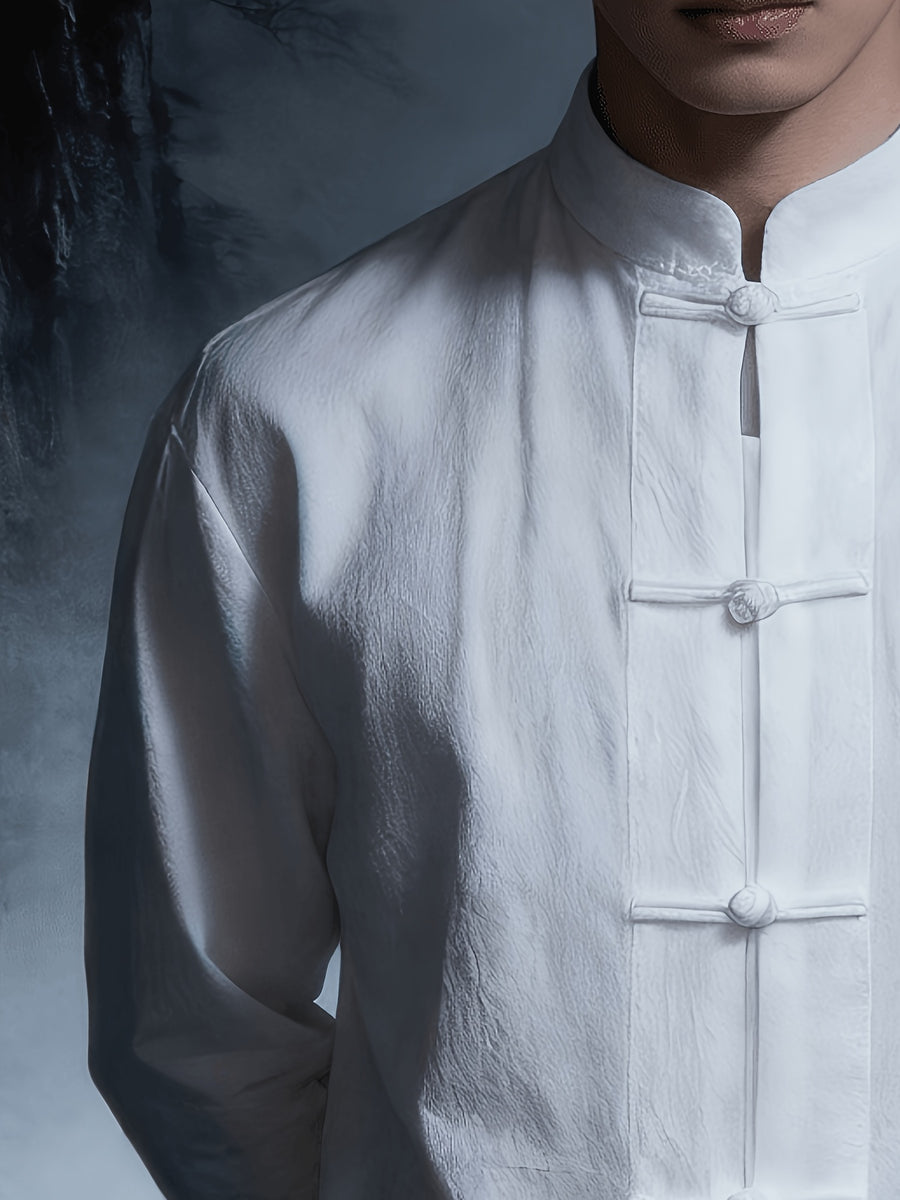 New Chinese Style Men'S Long Sleeve Shirt - And Linen Ethnic Characteristic Practice Clothes - Zen Retro Tang Style Thin Jacket (Solely Includes One Jacket) - White