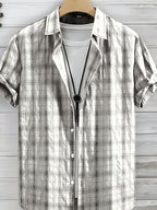 Men's Summer Casual Texture Checkered Short Sleeve Loose Fit Outdoor Trendy Fashion Front Closure Flap Collar Shirt - White