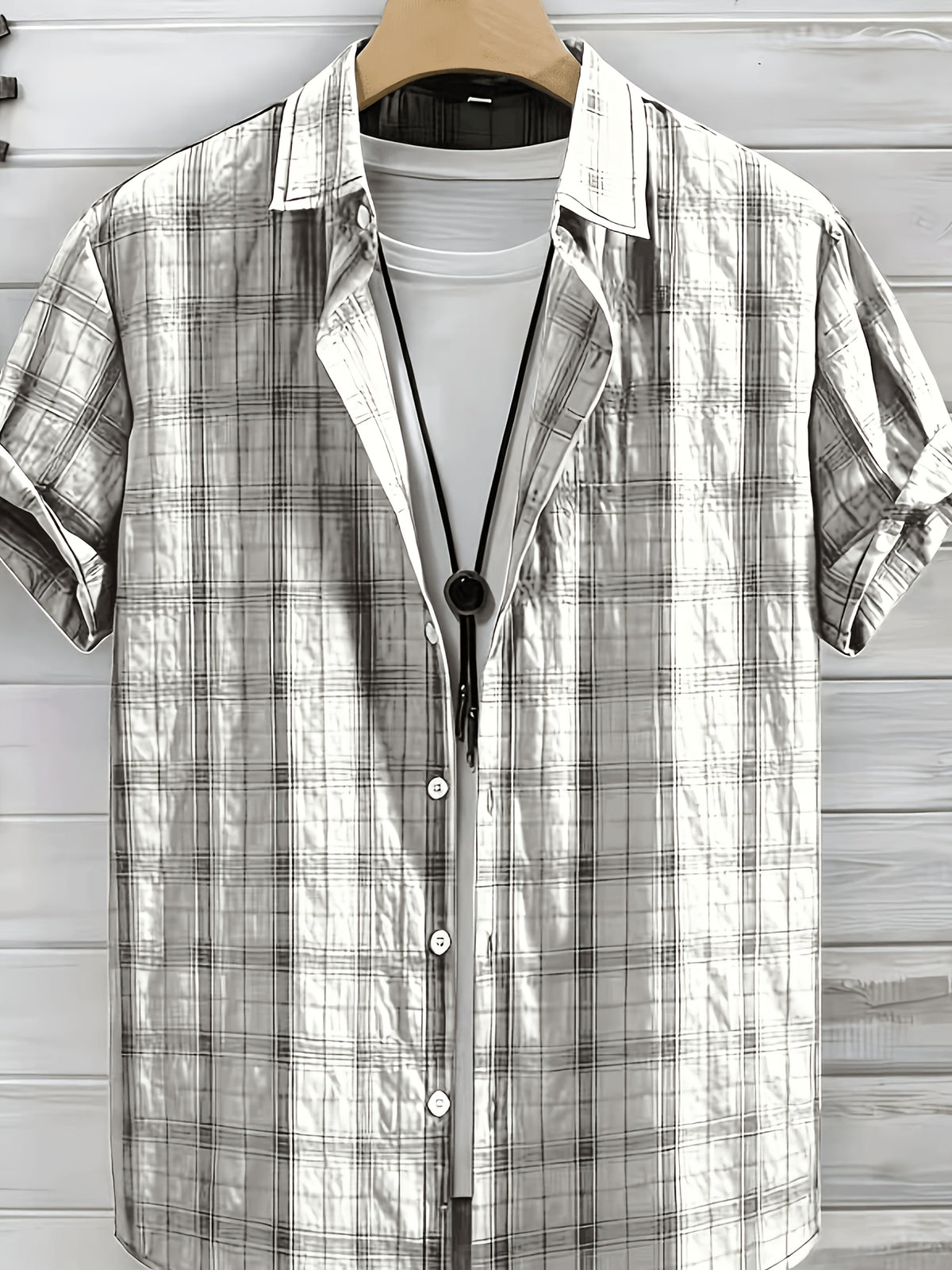Men's Summer Casual Texture Checkered Short Sleeve Loose Fit Outdoor Trendy Fashion Front Closure Flap Collar Shirt - White