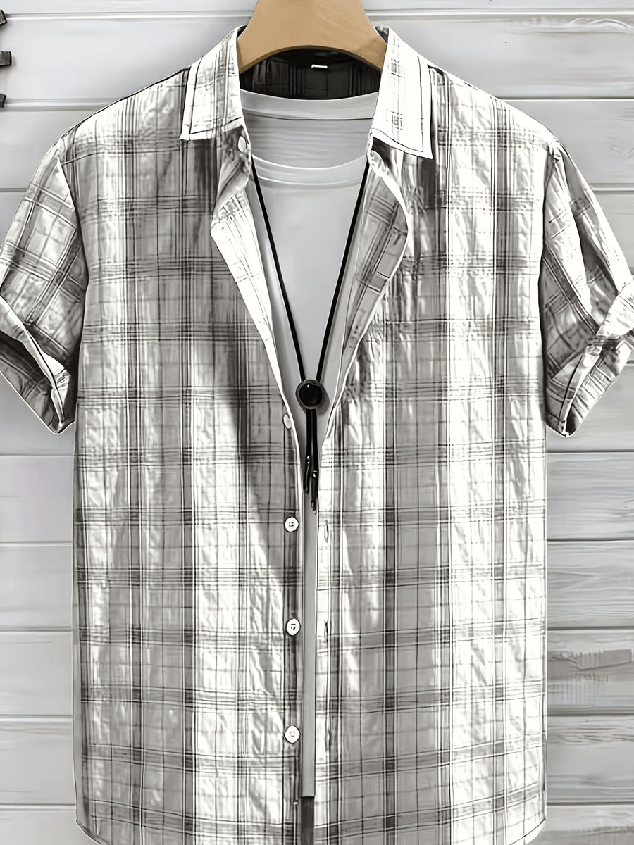 Men's Summer Casual Texture Checkered Short Sleeve Loose Fit Outdoor Trendy Fashion Front Closure Flap Collar Shirt - White