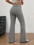 Women'S Tummy Control Striped Loose Low-Rise Casual Long Pants - Black And White Color