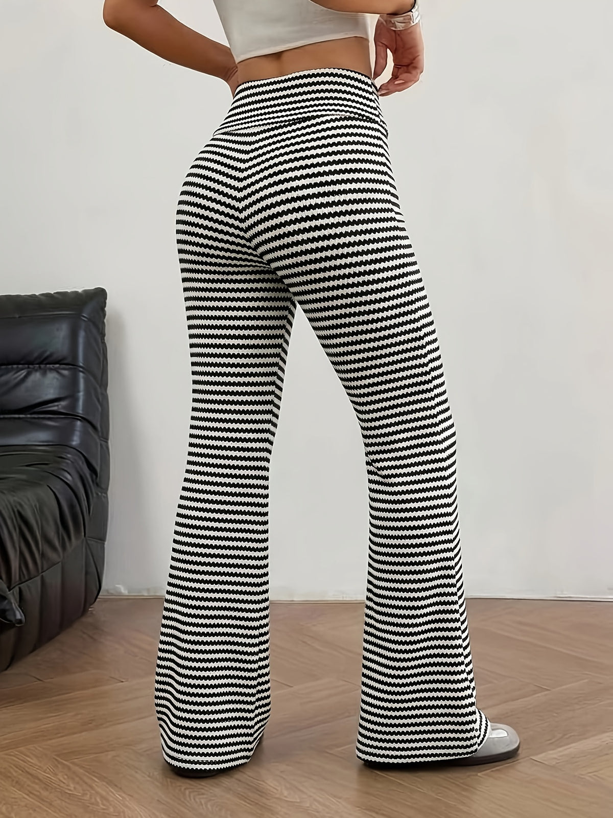Women'S Tummy Control Striped Loose Low-Rise Casual Long Pants - Black And White Color