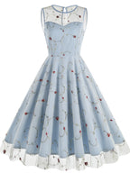 Women's Round Neck Sleeveless Mesh Embroidered Dress for Vacation, Elegant Gatherings, Parties, Floral Wedding Season, Back-to- Season, and Dates - Light Blue