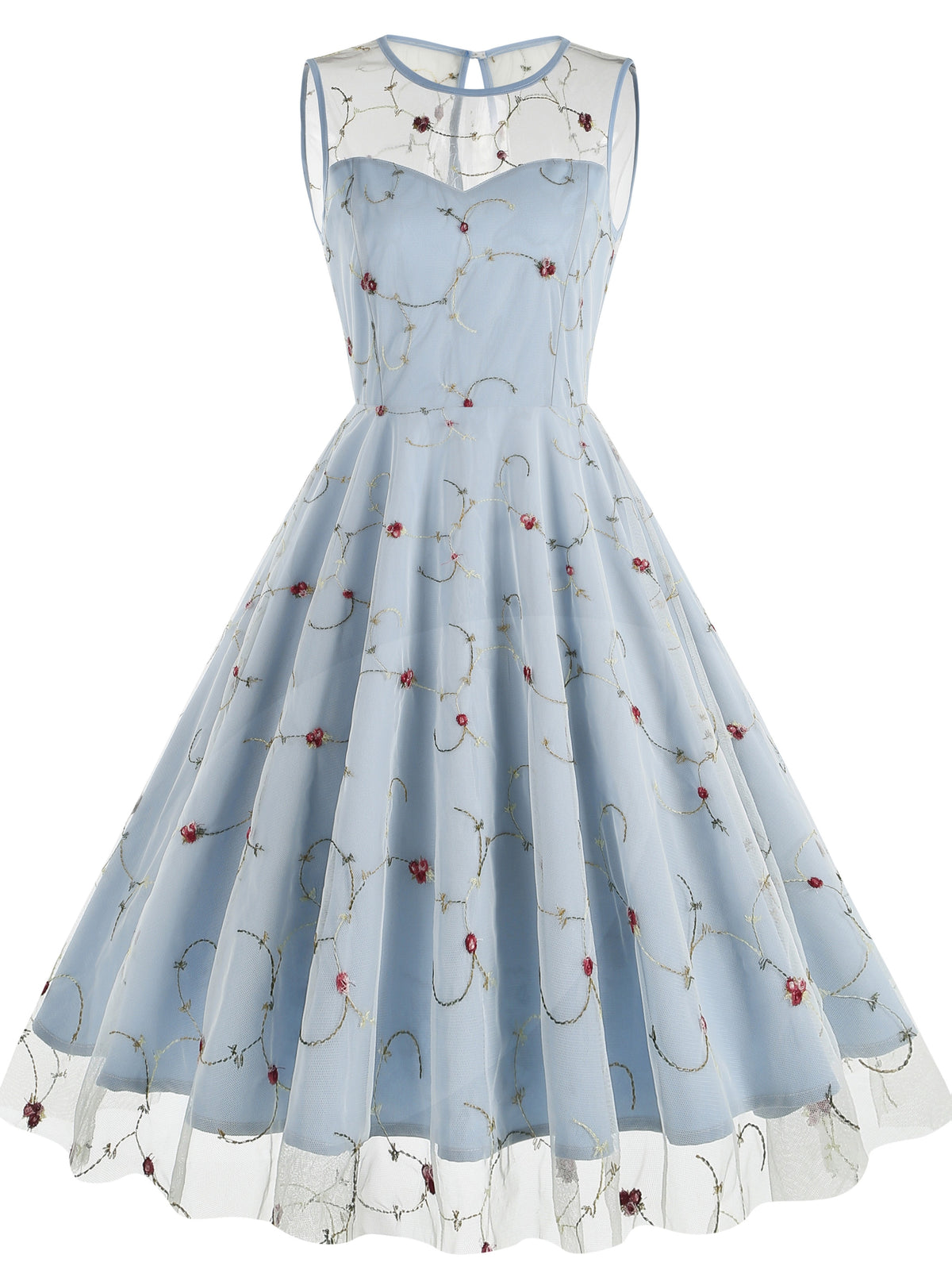 Women's Round Neck Sleeveless Mesh Embroidered Dress for Vacation, Elegant Gatherings, Parties, Floral Wedding Season, Back-to- Season, and Dates - Light Blue