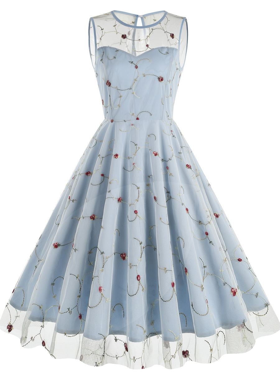 Women's Round Neck Sleeveless Mesh Embroidered Dress for Vacation, Elegant Gatherings, Parties, Floral Wedding Season, Back-to- Season, and Dates - Light Blue