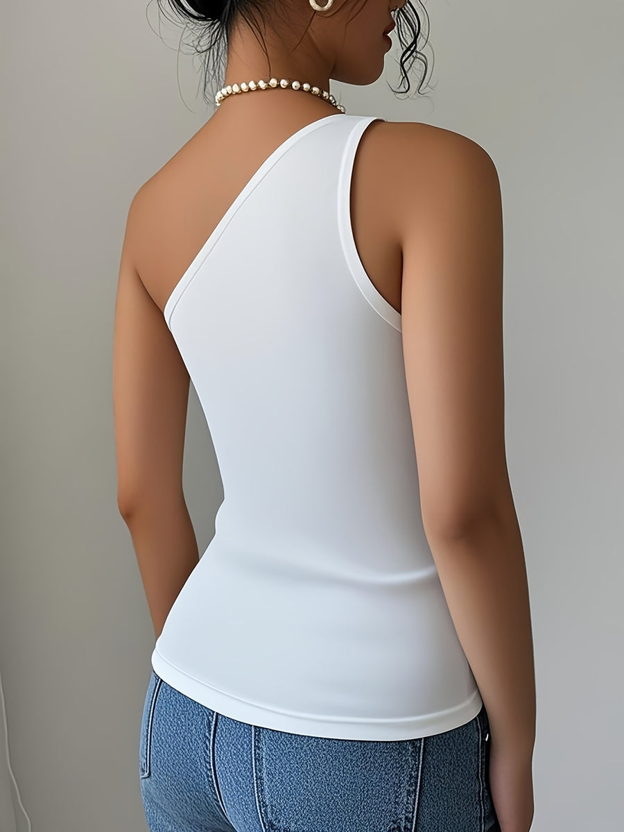 Floral Asymmetrical Neck Slim Sleeveless Casual Top - White