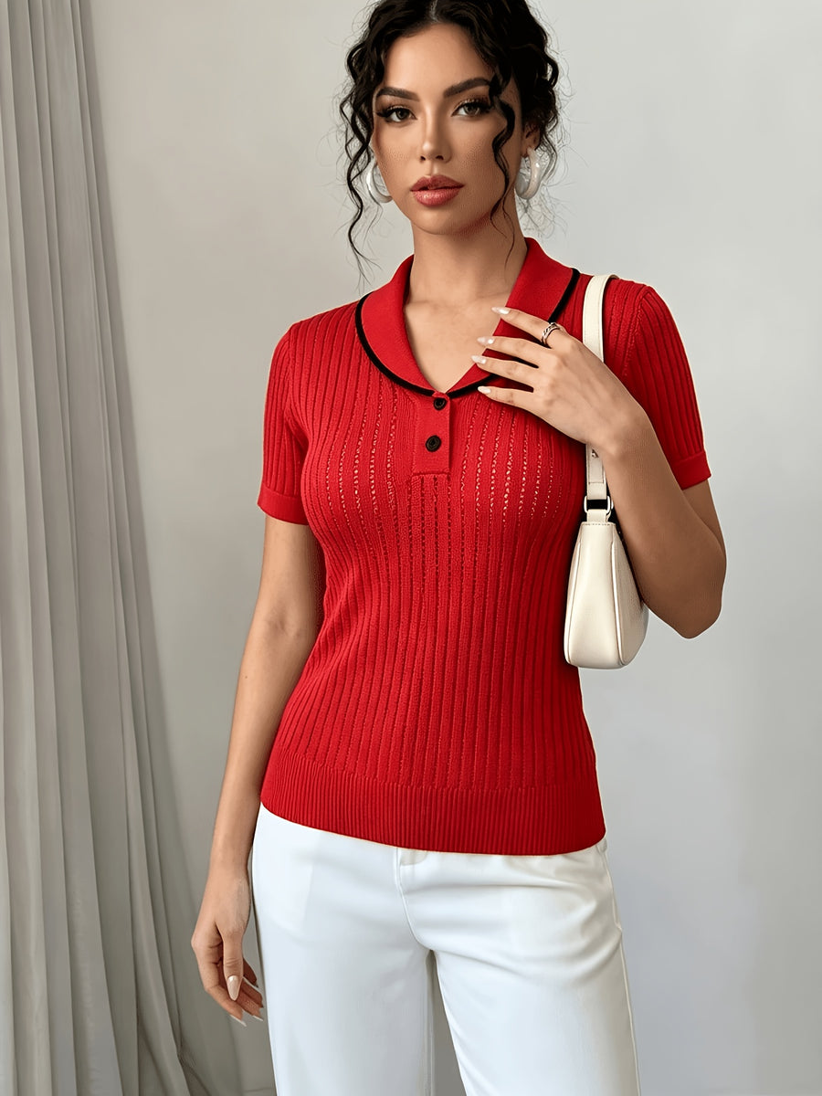 Women'S Summer Clothing Short Sleeve Solid Color Sweater, Lapel Hollow Out Design, Slim Fit Style Pullover, Spring Summer Season - Red