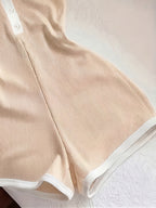 1 Piece of Color-blocked Elegant Slim-fit Lapel Mini Jumpsuit with White Trim, a for Back-to- Season and Daily Wear - Apricot